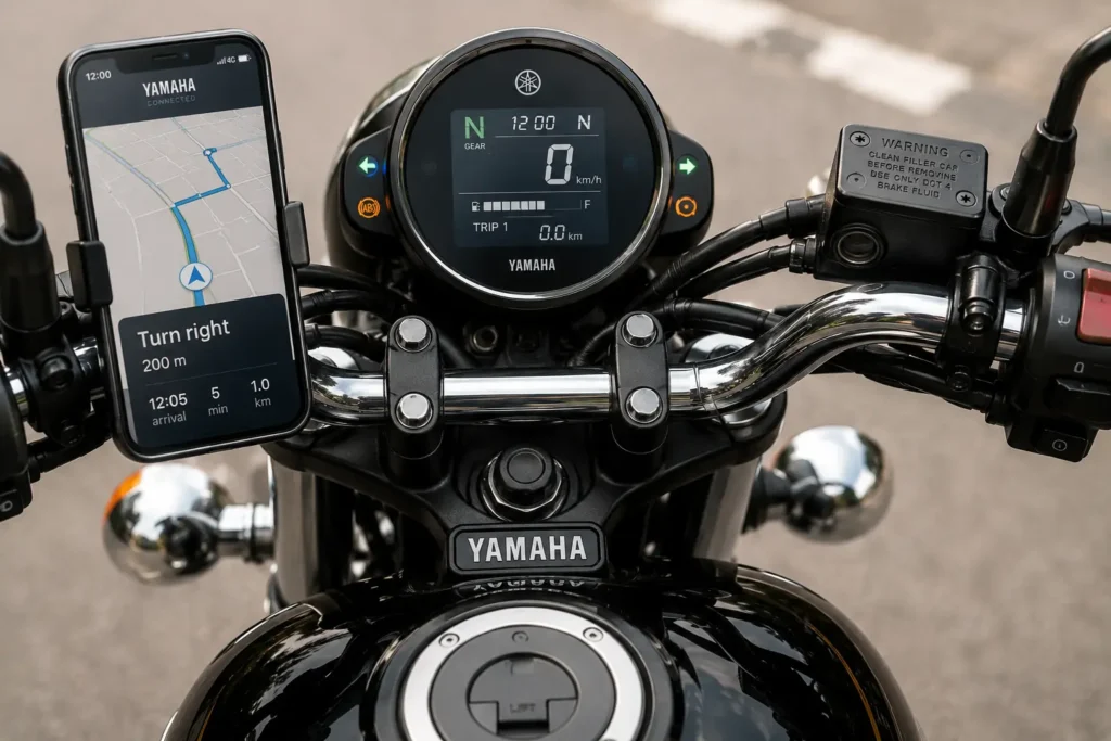 Yamaha RX 100 digital instrument cluster with Bluetooth connectivity features