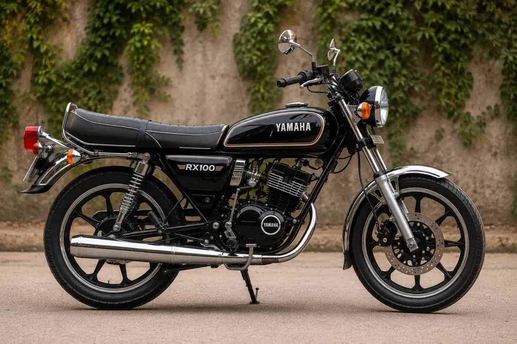 Yamaha RX 100 retro design showing chrome details and round LED headlamp