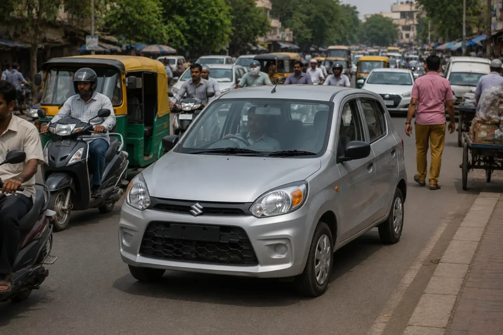 Small budget car navigating Indian city traffic