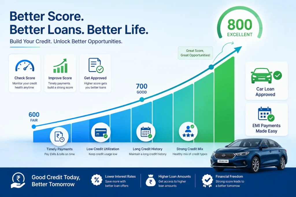 Financial illustration showing improvement in CIBIL score for better car loan eligibility