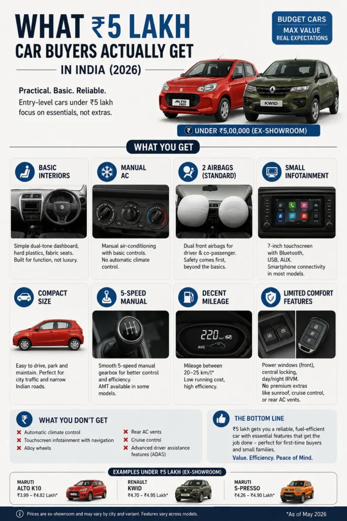 Features available in cars under ₹5 lakh in India showing basic equipment and limitations