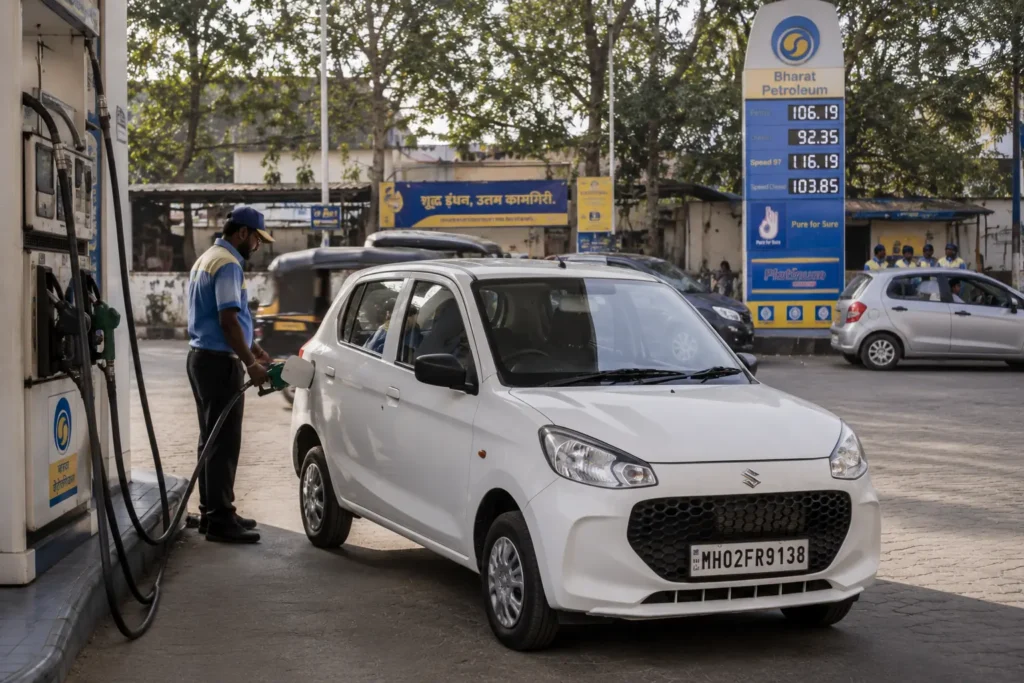 Fuel-efficient budget car at Indian petrol pump