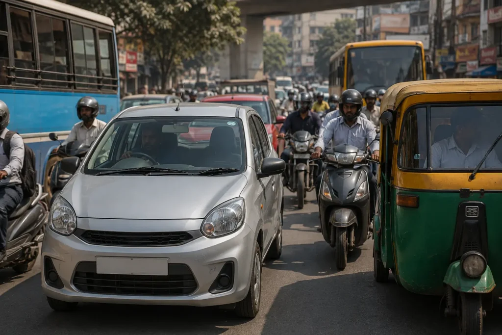 Budget hatchback used for daily commuting in Indian city traffic
