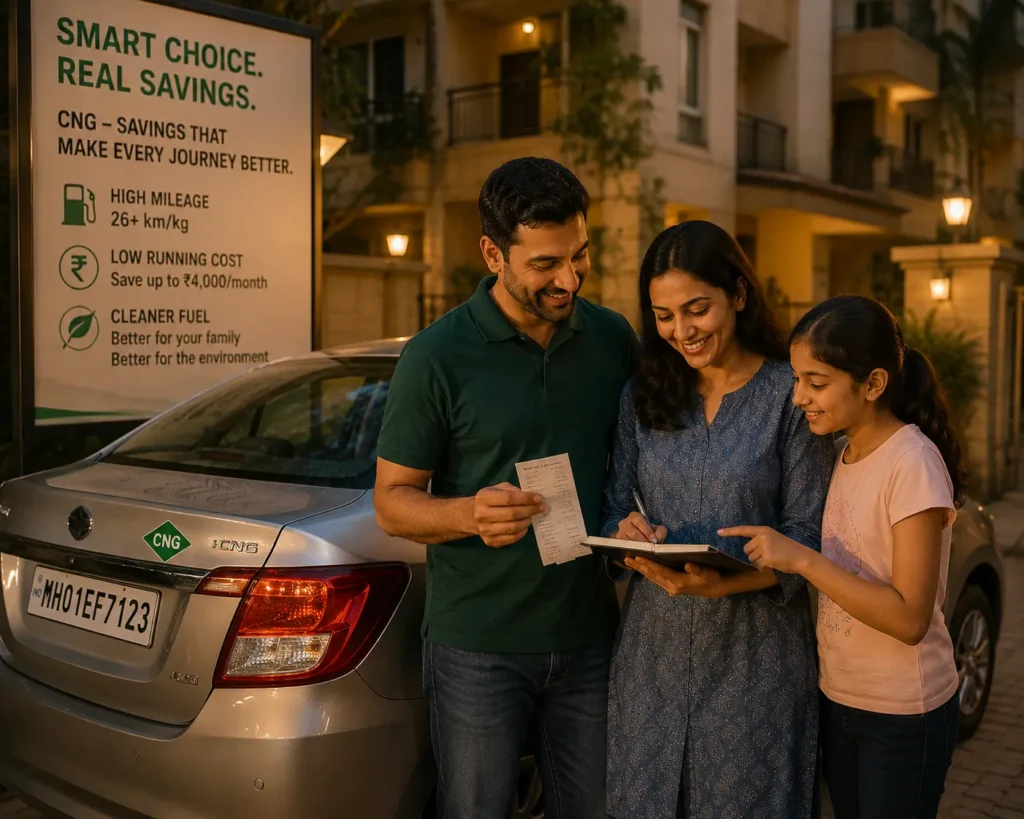 Indian family saving money with a fuel-efficient CNG car in 2026