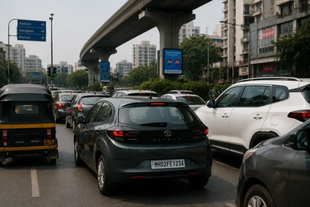 Petrol car driving smoothly in heavy Indian city traffic