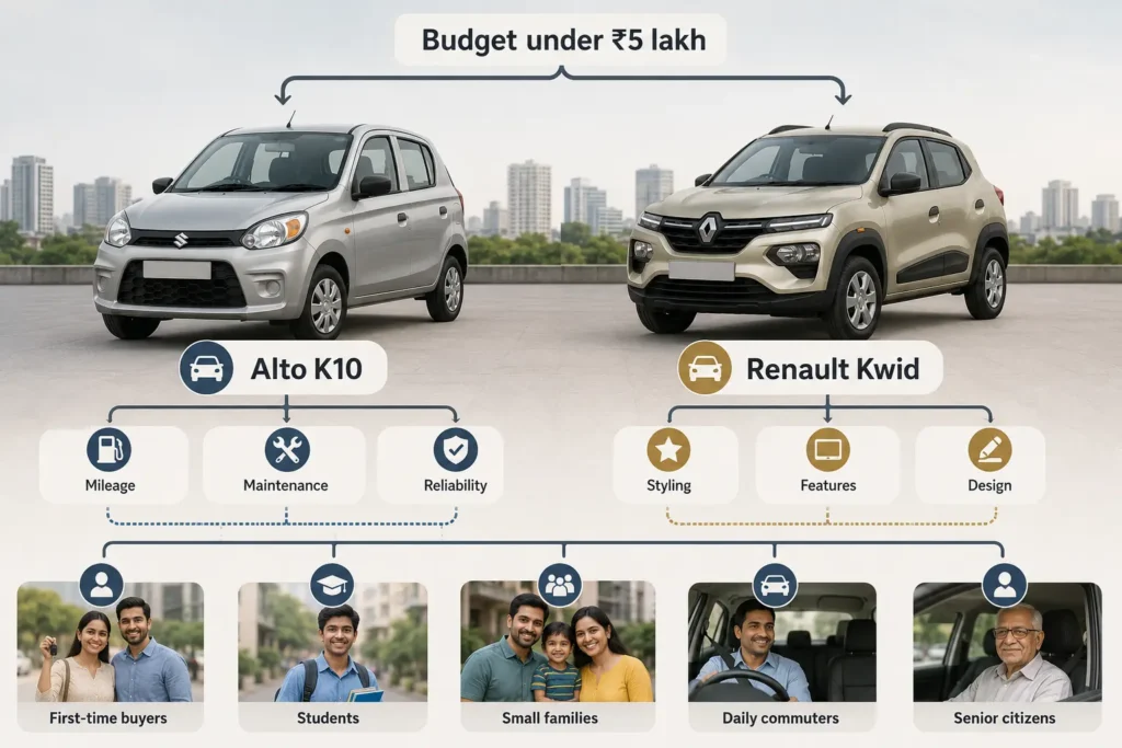 Buyer decision infographic showing whether Maruti Alto K10 vs Renault Kwid suits different types of Indian car buyers