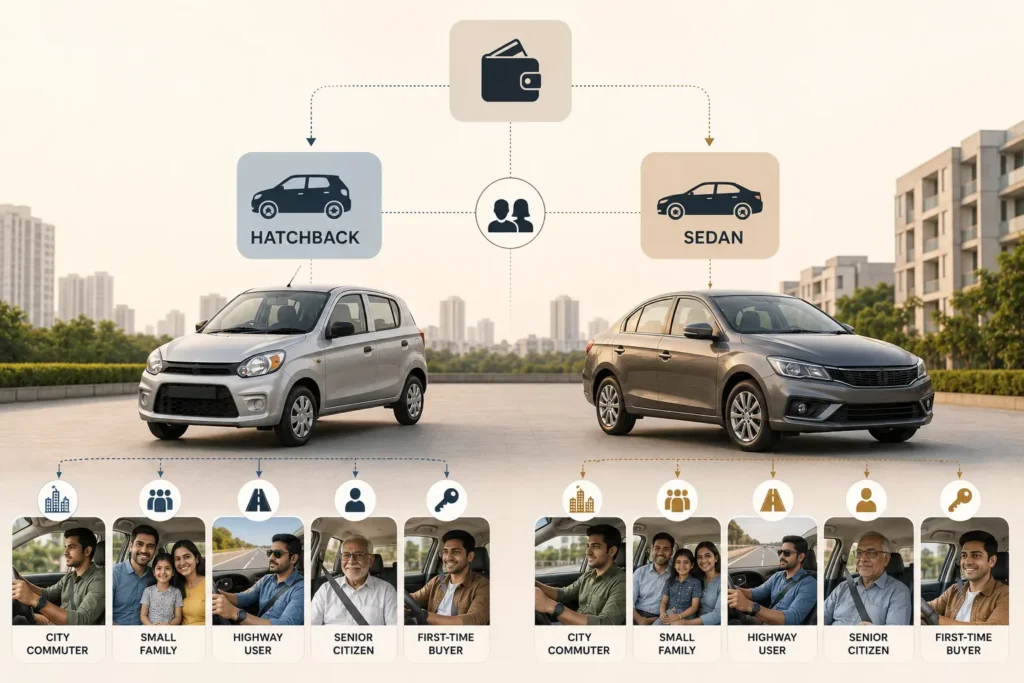 Infographic comparing hatchback vs entry sedan under ₹5 lakh in India for space, mileage, and practicality