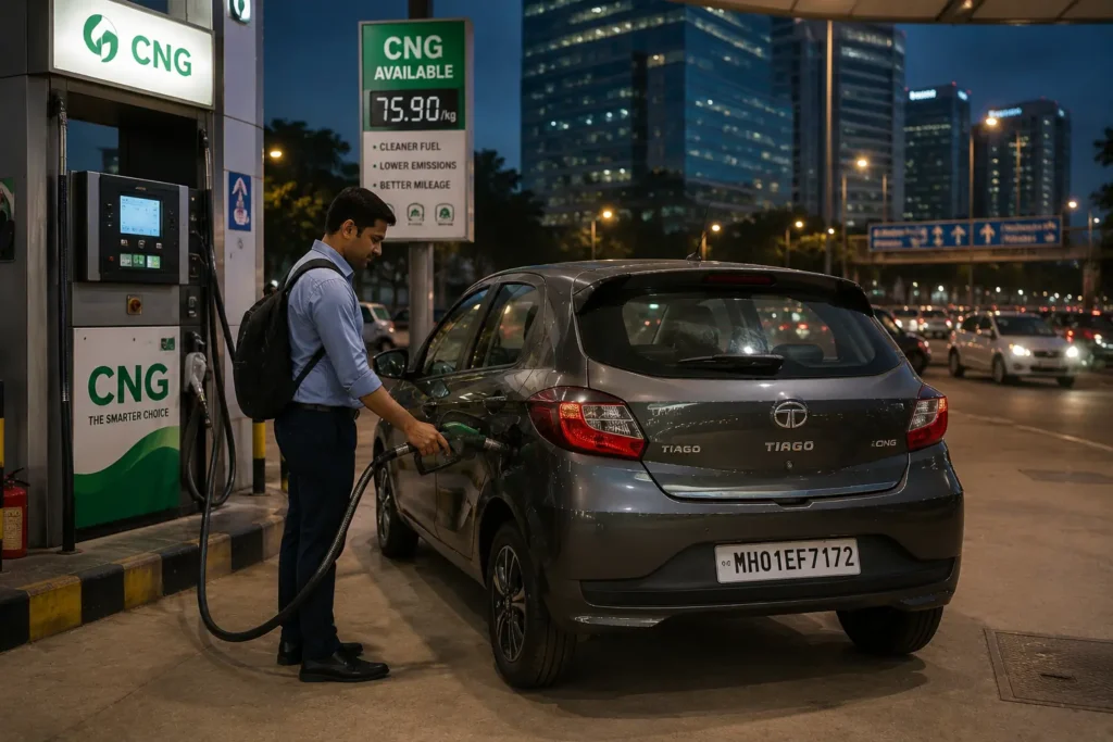 Indian commuter refueling a factory-fitted CNG car at a CNG station