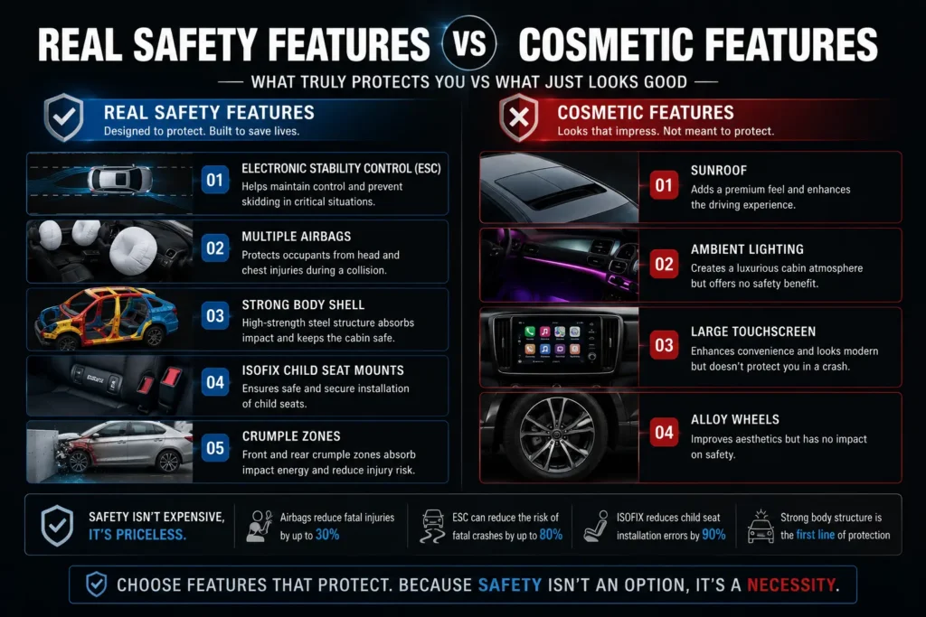 Comparison of real car safety features versus cosmetic features in Indian cars