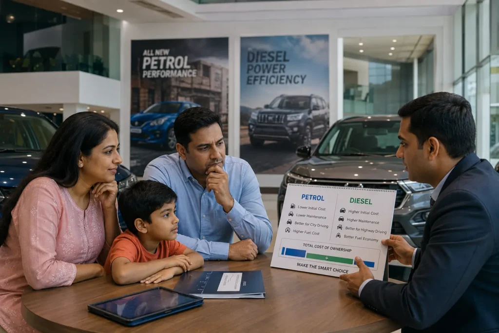 Family choosing between petrol and diesel cars at dealership showroom