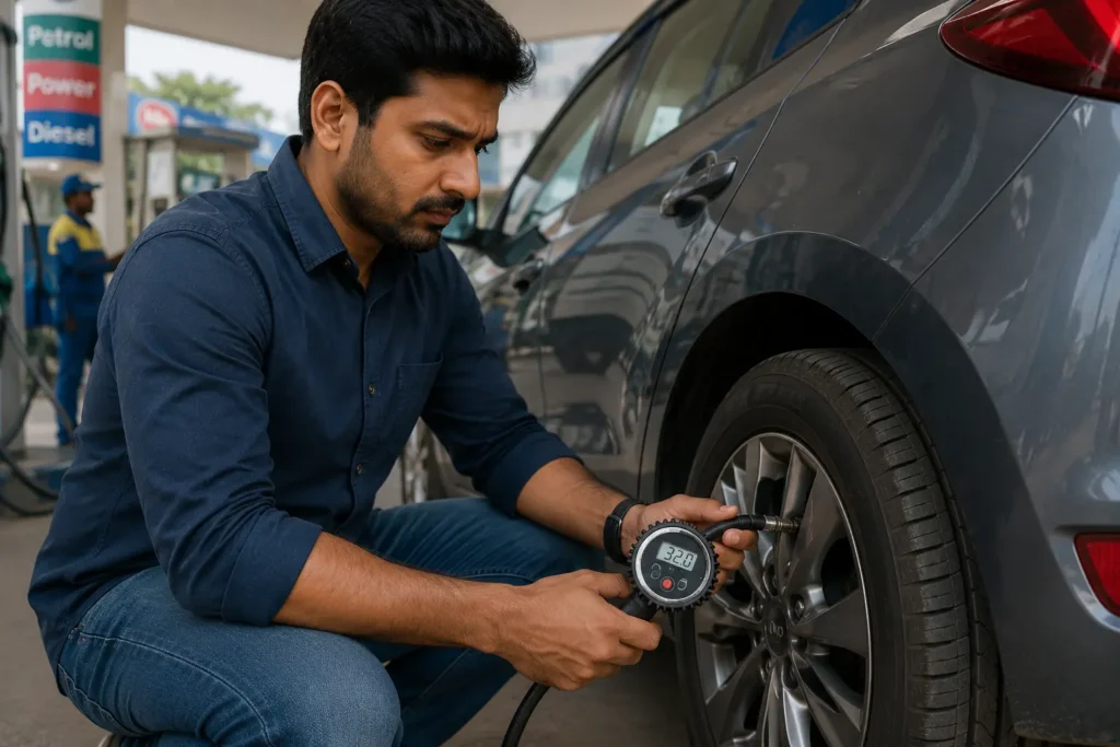Driver checking tire pressure to improve car fuel efficiency