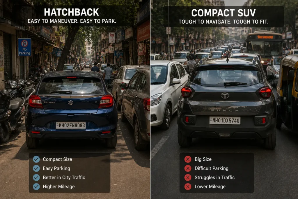 Hatchback vs SUV in Indian city traffic showing parking and maneuverability difference