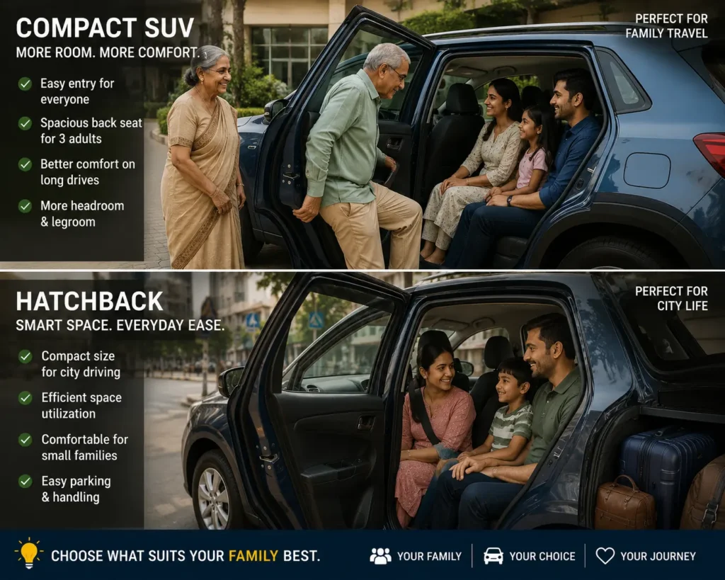 Family comfort comparison between compact SUV and hatchback interior space in India