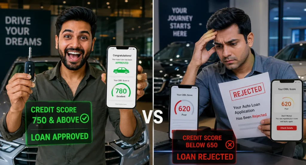 Comparison of high and low CIBIL score impact on car loan approval in India