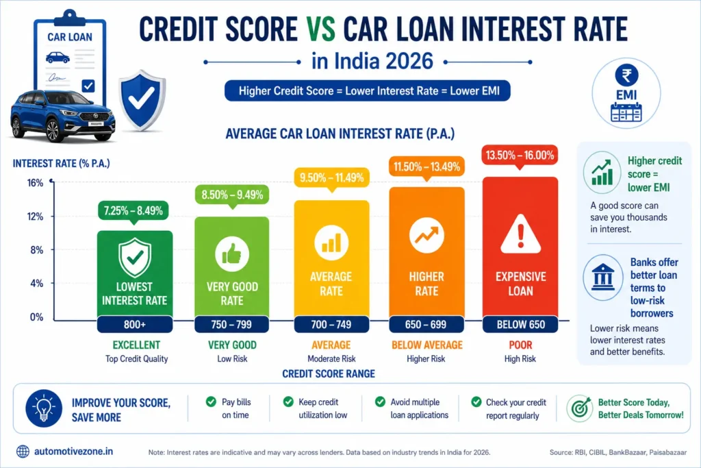 Infographic showing how credit scores impact car loan interest rates in India.
Comparison of borrower credit ranges and estimated EMI savings in 2026.
