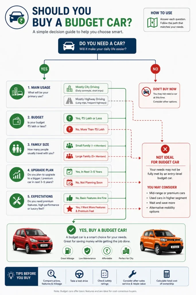 Infographic decision chart for buying a budget car in India in 2026