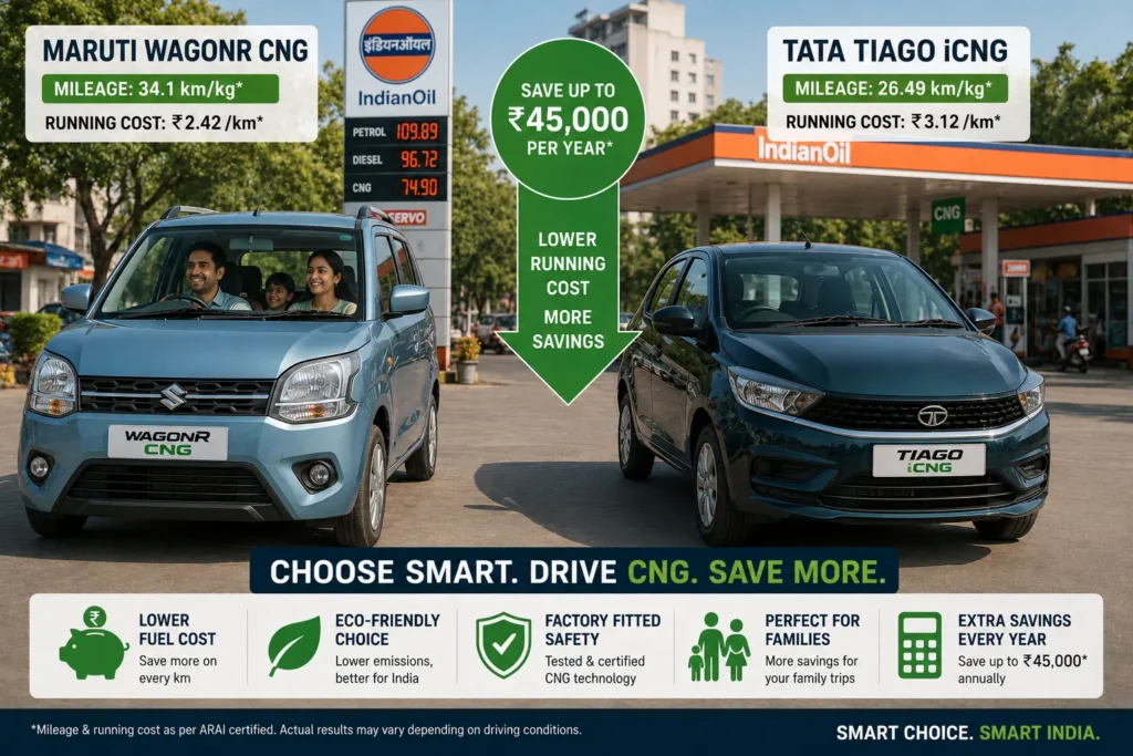 CNG cars under ₹10 lakh showing fuel savings and lower running cost in India