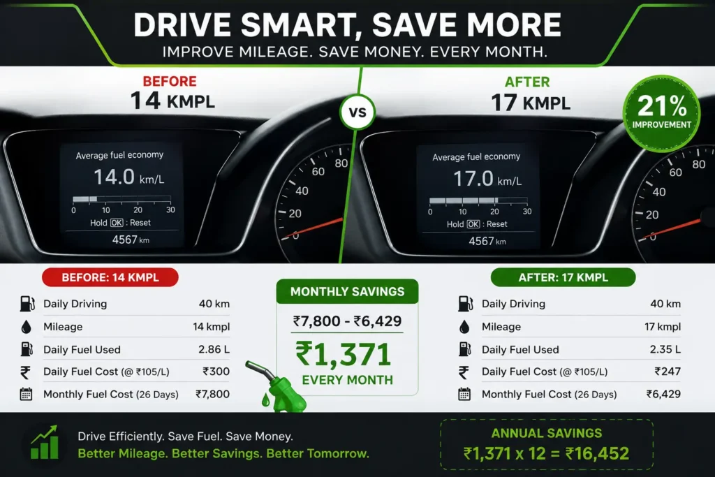 Comparison chart showing fuel savings after improving car mileage