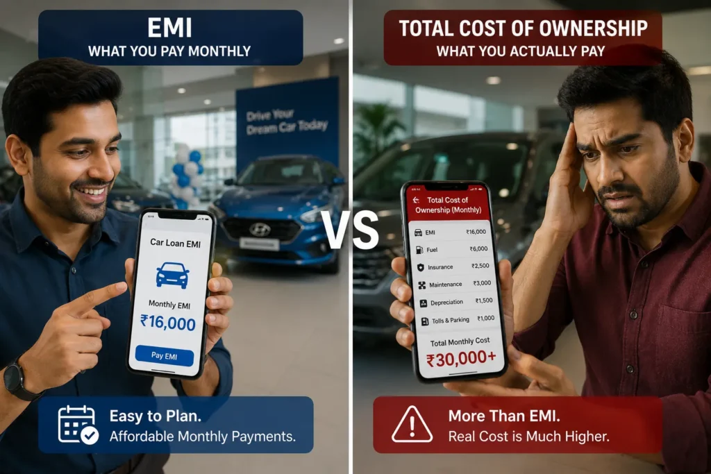 Emotional contrast between buying a new car and hidden financial burdens like fuel, insurance, and maintenance costs