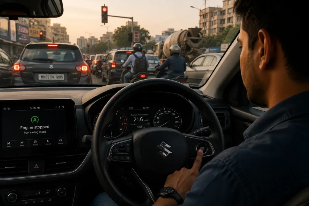 Driver switching off engine at traffic signal to save fuel in city traffic