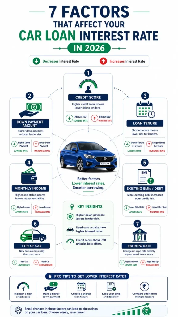 Infographic explaining the major factors that influence car loan interest rates in 2026.
Highlights credit score, loan tenure, down payment, RBI repo rate, and existing debt impact.