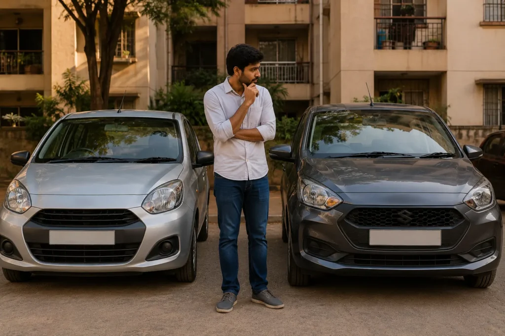 First-time Indian car buyer comparing petrol and CNG hatchbacks