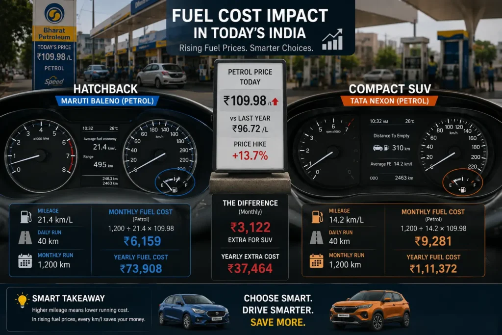 Fuel efficiency comparison between hatchback and SUV showing mileage and fuel cost difference