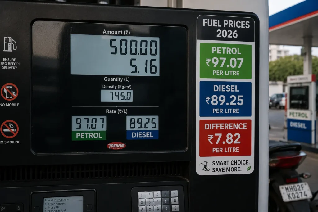 Petrol and diesel fuel price comparison at Indian fuel station