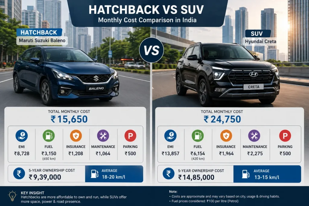 Side-by-side comparison of hatchback and SUV in Indian city environment, overlay showing monthly cost differences, EMI, fuel usage, insurance and maintenance icons, financial comparison infographic style, realistic cars, clean split-screen design, modern automotive editorial look