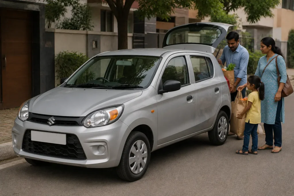Indian family using affordable hatchback for daily commuting
