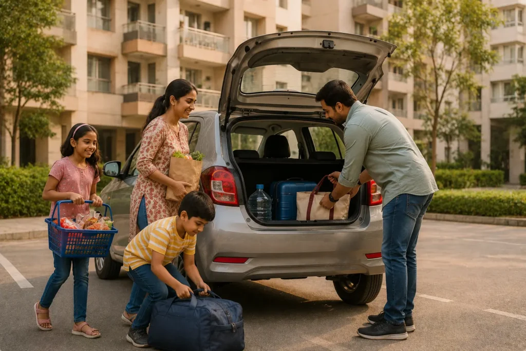 Indian family using hatchback for daily commuting and shopping