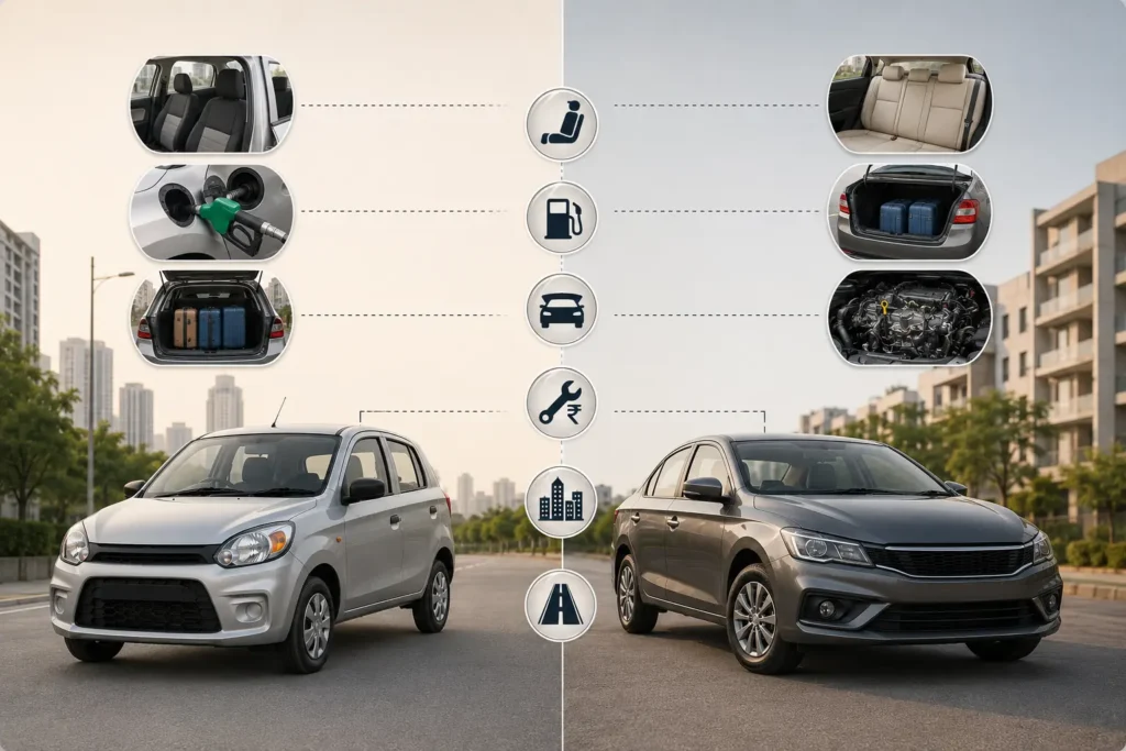 Buyer decision infographic showing whether hatchback or sedan is better under ₹5 lakh in India