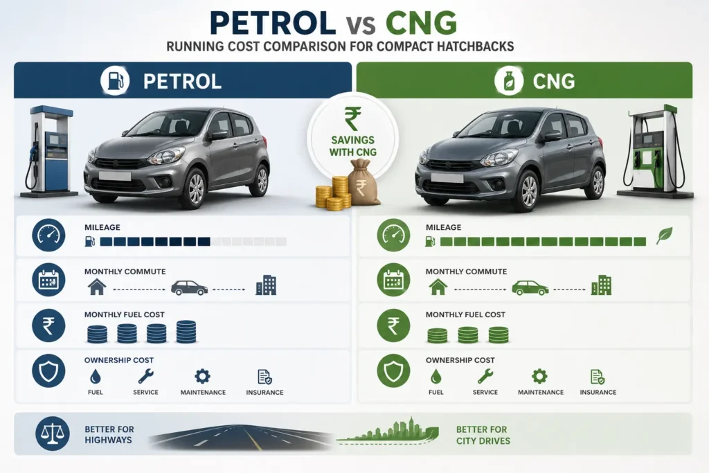 Infographic comparing Petrol vs CNG Cars Under ₹5 Lakh running costs in India