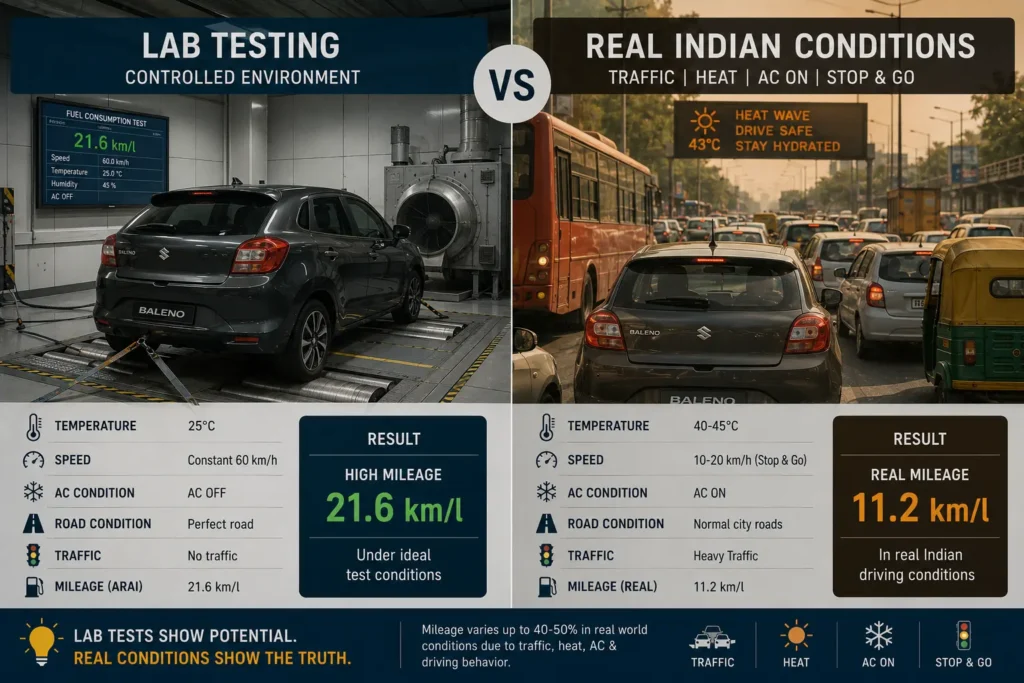 Difference between ARAI mileage testing and real-world Indian driving conditions