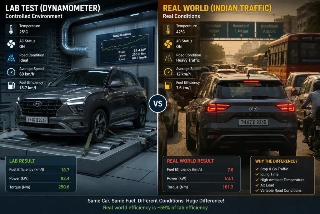 ARAI laboratory mileage testing vs real road driving comparison