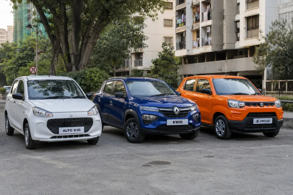 Comparison of cheapest cars in India under ₹5 lakh including Alto K10, Kwid and S-Presso