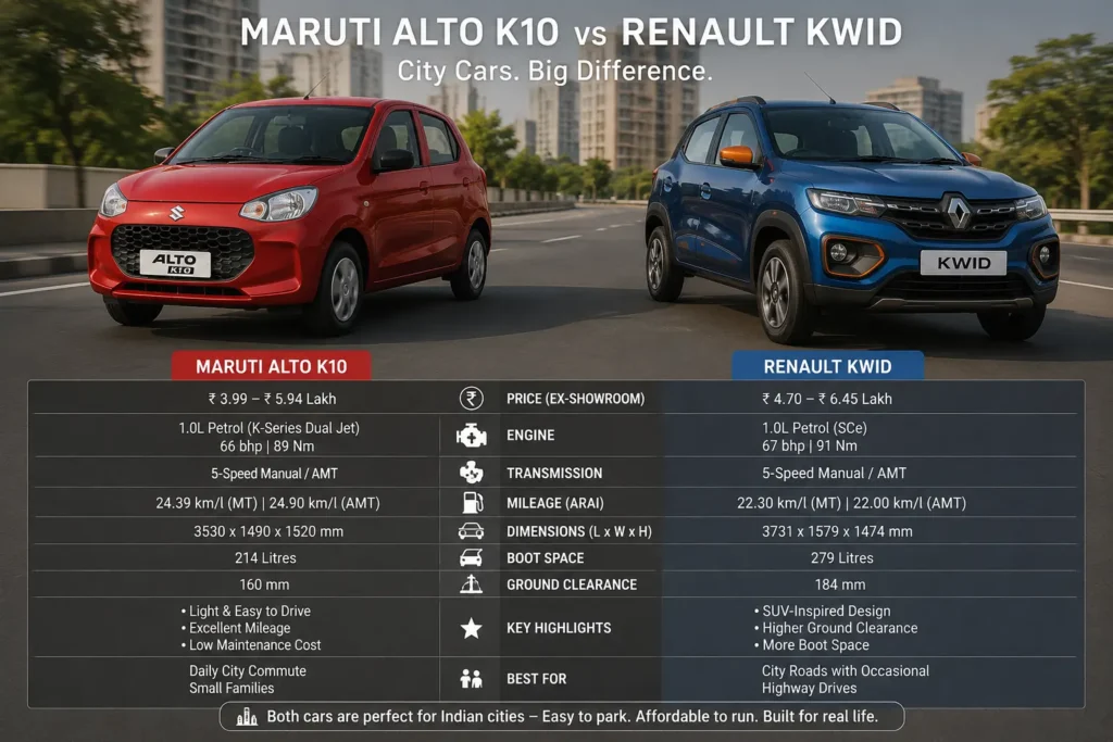 Maruti Alto K10 and Renault Kwid comparison for budget cars under ₹5 lakh