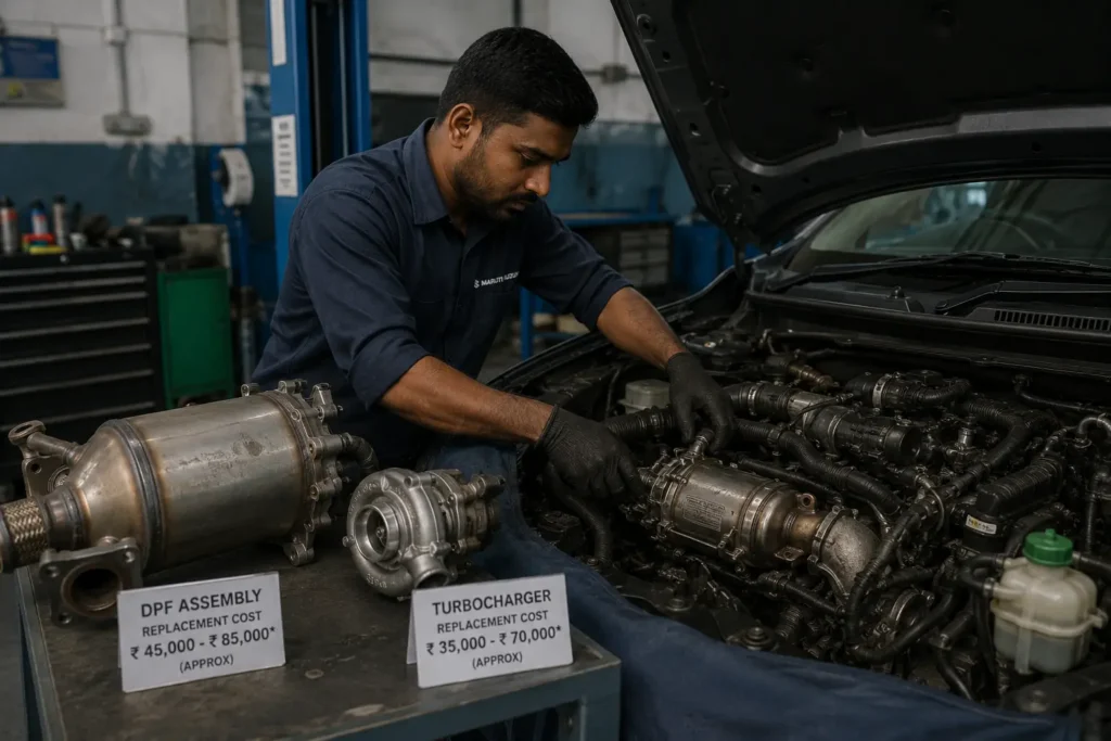 Mechanic servicing diesel engine with modern emission system components