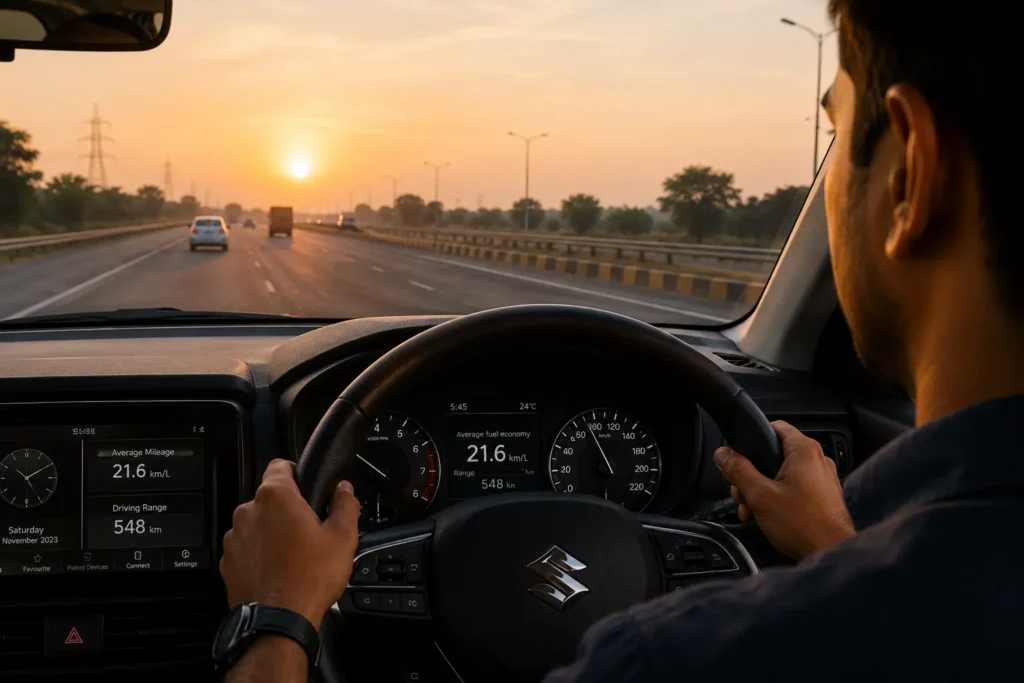 Car maintaining steady driving speed for better fuel efficiency on Indian highway