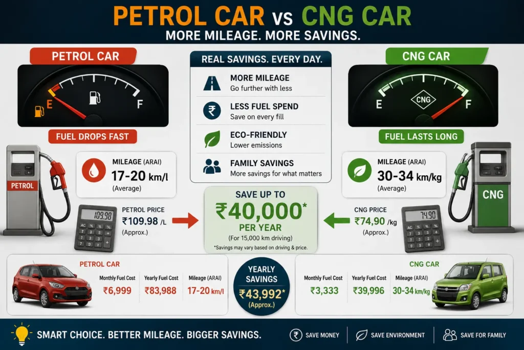 Petrol vs CNG fuel cost comparison showing monthly savings in India