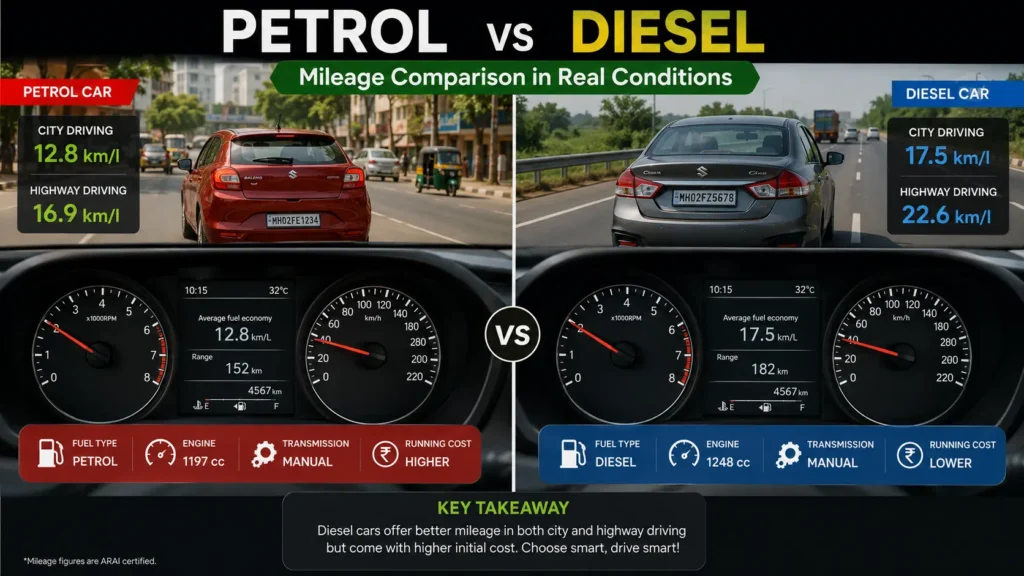 Comparison of petrol and diesel car mileage and fuel efficiency