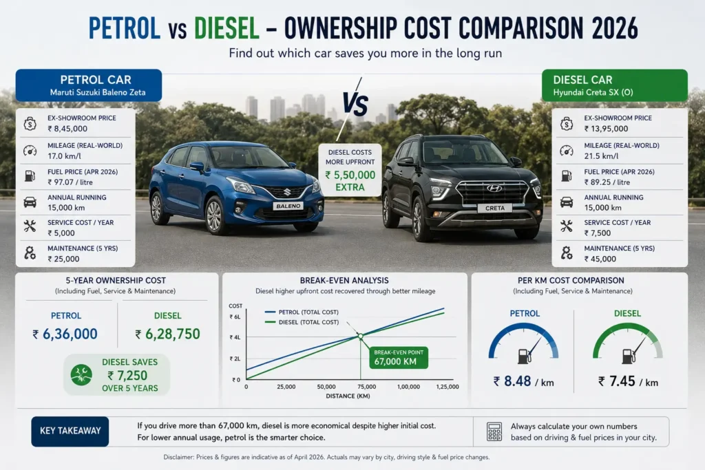 Break-even comparison between petrol and diesel car ownership costs