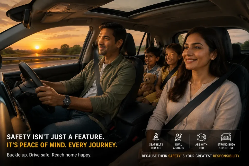 Indian family traveling safely in a 5-star rated car on a highway in India