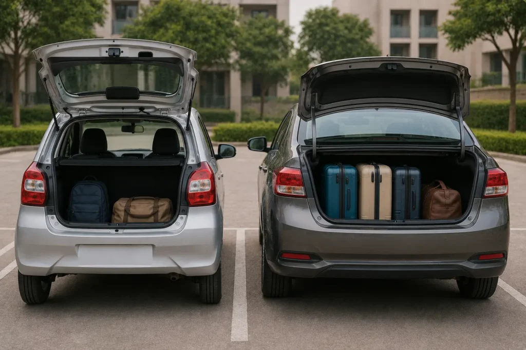 Sedan vs hatchback boot space comparison for Indian families