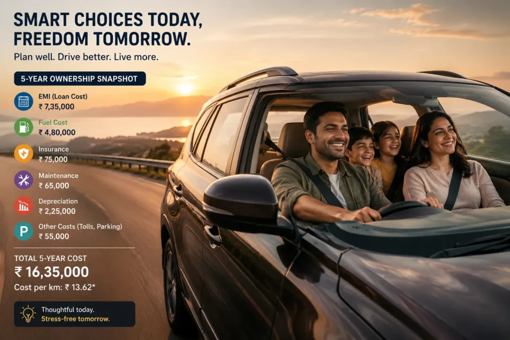 Indian family enjoying car travel representing balanced ownership decision
