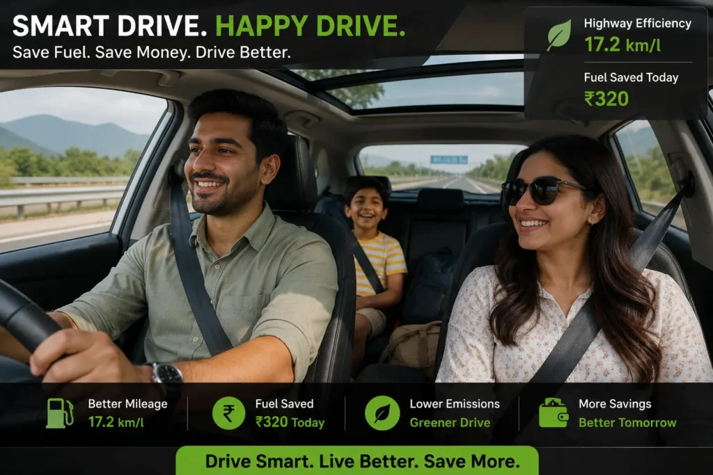 Family enjoying comfortable road trip with fuel-efficient driving habits