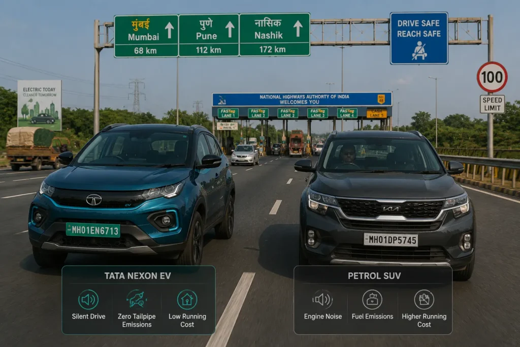 Tata Nexon EV and petrol SUV compared during highway driving