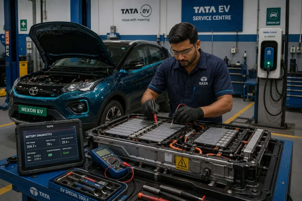 Tata Nexon EV battery inspection at an EV service center