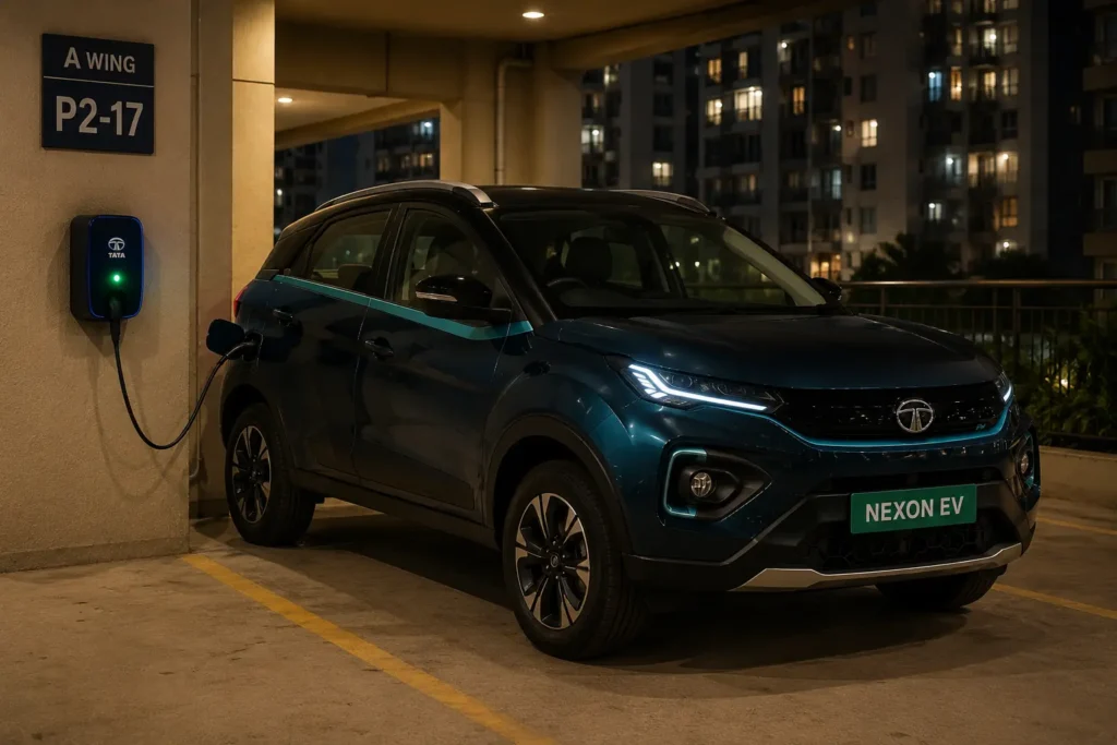 Tata Nexon EV charging at home in an Indian apartment society