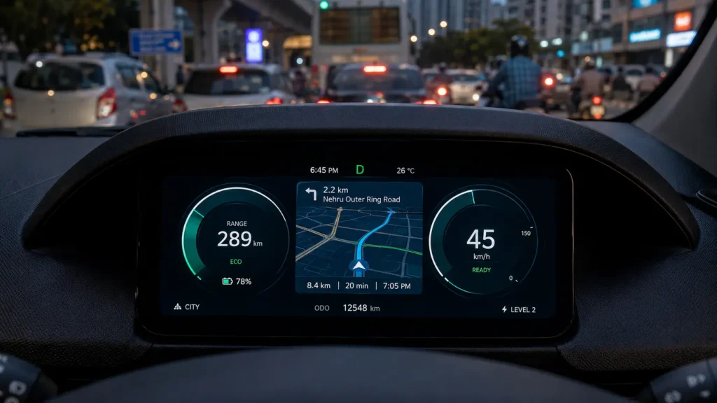 Tata Nexon EV dashboard showing battery range during city driving